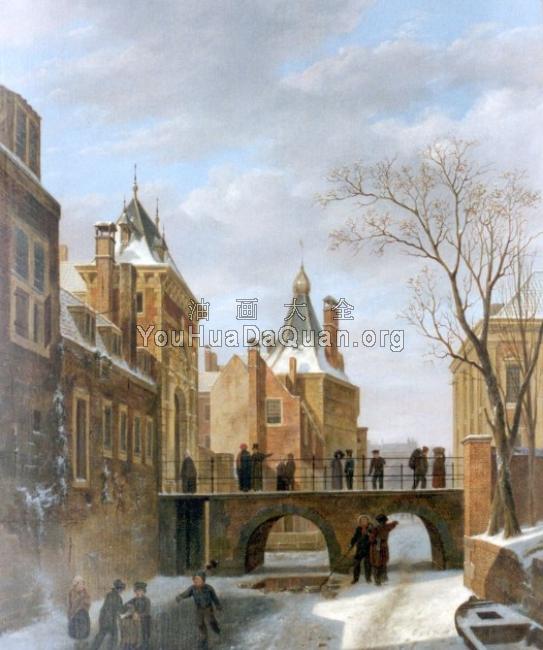 Schaatsers bij de Grenadierspoort in Den Haag - 巴斯勒莫斯·约翰内斯·范·霍夫